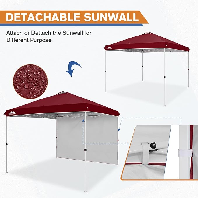 EAGLE PEAK Pop Up Canopy Tent with 1 Sidewall, Easy Setup Event Tent, Outdoor Sun Shade, Wheeled Carry Bag, Stakes and Guy Ropes, Instant Canopy 10x10, Burgundy