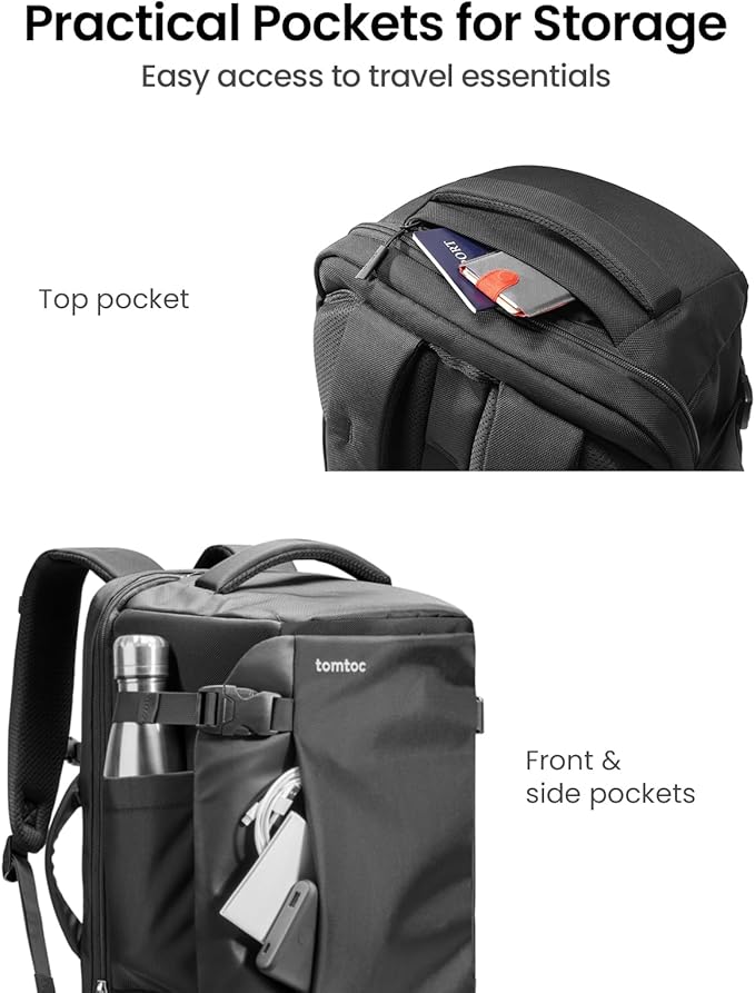 tomtoc Travel Backpack 40L, TSA Friendly Flight Approved Carry-on Luggage Hand Water-resistant Lightweight Business Rucksack, Durable Large Weekender Bag Daypack Fits 17.3 Inch Laptop, PFAS Free