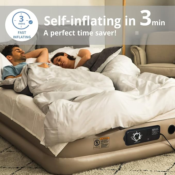 Simpli Comfy 18” Queen Inflatable Air Mattress with Built-in Dual Pump, Adjustable Firmness, Foldable Blow-Up Mattress with Storage Bag, Self-Inflating Air Mattress for Home, Guest, Travel, Camping