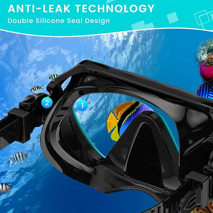 Snorkeling Gear for Adults, Adult Snorkel Mask Set Scuba Diving Dry-Top, Swimming Goggles w/Nose Cover, HD Tempered Glass Panoramic Anti-Leak Anti-Fog, Travel Snorkeling Packages Storage Bag, 2 Pack
