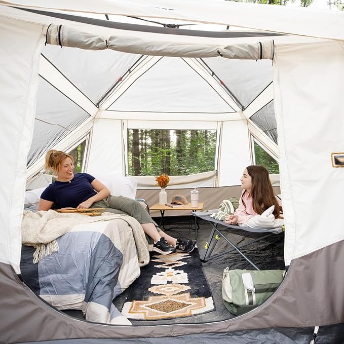 CORE Instant Cabin Tent with LED Lights | Large Family Lighted Pop Up Tent with Carry Bag for Camping, Glamping, and Backyard Adventures | Included Storage Pockets for Camp Accessories