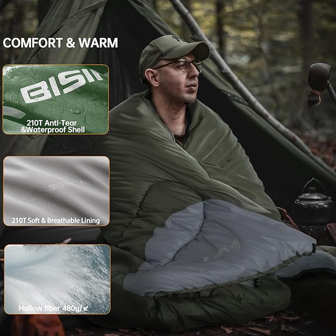 BISINNA 0 Degree Winter Sleeping Bags(480GSM) for Adults-Cold Weather Camping Sleeping Bag-Comfortable Warm Portable Sleeping Bags with Pillow Compression Sack for Backpacking Hiking Outdoor
