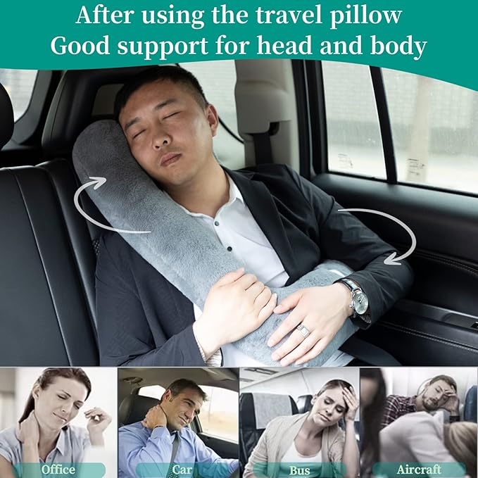 Travel Pillow Upgraded Version of Aircraft Travel Neck Pillow with Storage Bag, Sleep Pillows for Travel by Train, Car, or Plane, Supporting The Head and Body, Travel Pillow for Kids Grey