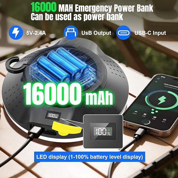 16000mAh 26000LM Solar Portable LED Camping Lantern, Rechargeable Light 150W with Magnet , Flashlight, IPX66 Waterproof Tent Lights Power Failure Emergency for Power Outages, Emergency, Tent, Outdoor