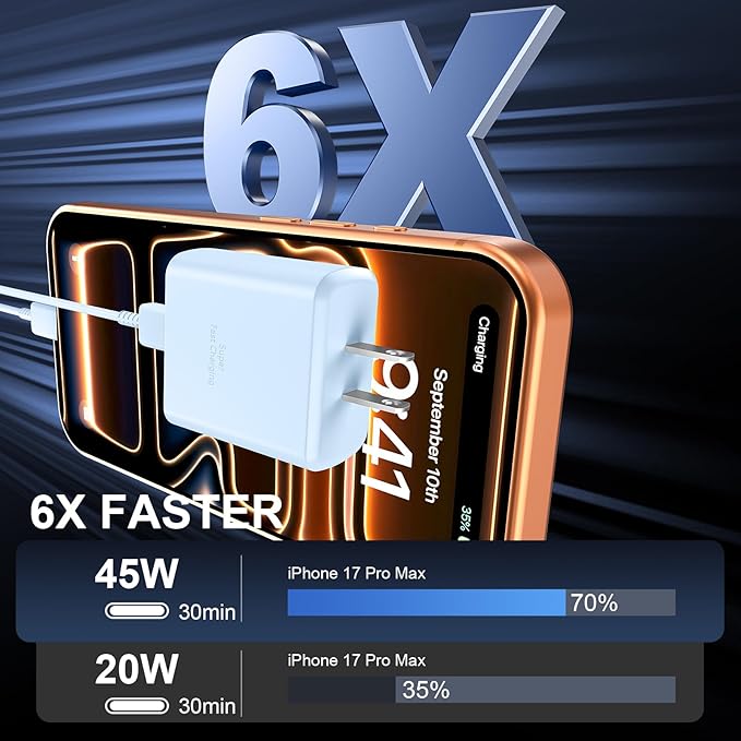 Phone 17 16 Pro Max Charger Fast Charging, 45W USB C Phone 17 16 Super Fast Charger Block with 10ft Long Type C Charging Cable Cord for i.Phone 17 Pro Max/17 Pro/17 Air/17/16/16Pro/16 ProMax-Blue
