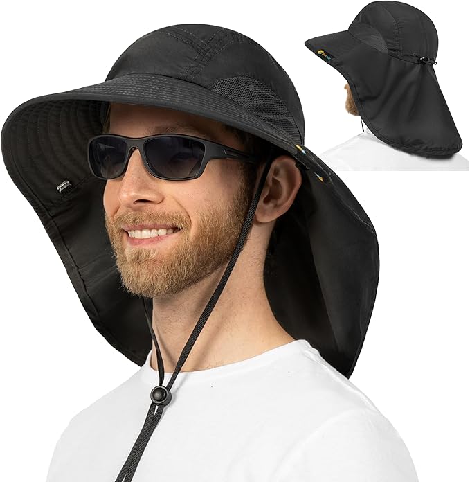 SUN CUBE Wide Brim Sun Hat with Neck Flap, UPF50+ Hiking Safari Fishing Hat for Men Women, Sun Protection Beach Hat