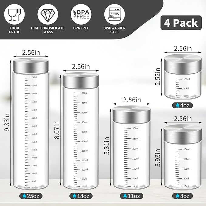 18 Oz Glass Bottles, 4 Pack Glass Juice Bottles with Lids, BPA Free, Borosilicate Glass, Leak Proof Lids for Juicing, Smoothies, Infused Water, Beverage Storage, Shaker Bottles