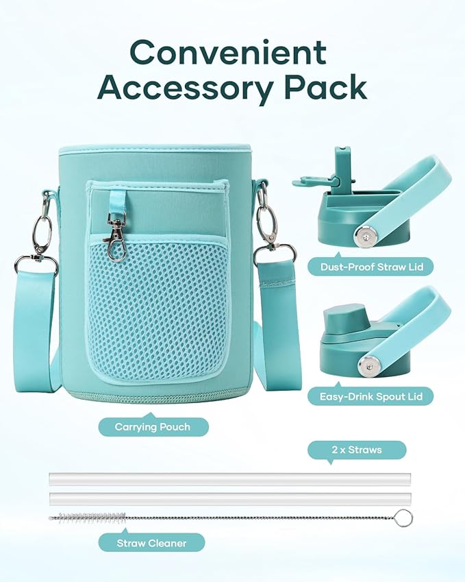 BUZIO 64oz Insulated Water Bottle, Stainless Steel Water Flask with Straw Lid and carrying pouch, Keep Cold 48h Leak Proof Double Wall Vacuum Travel Mug Metal Canteen for Gym Camp Beach, Green