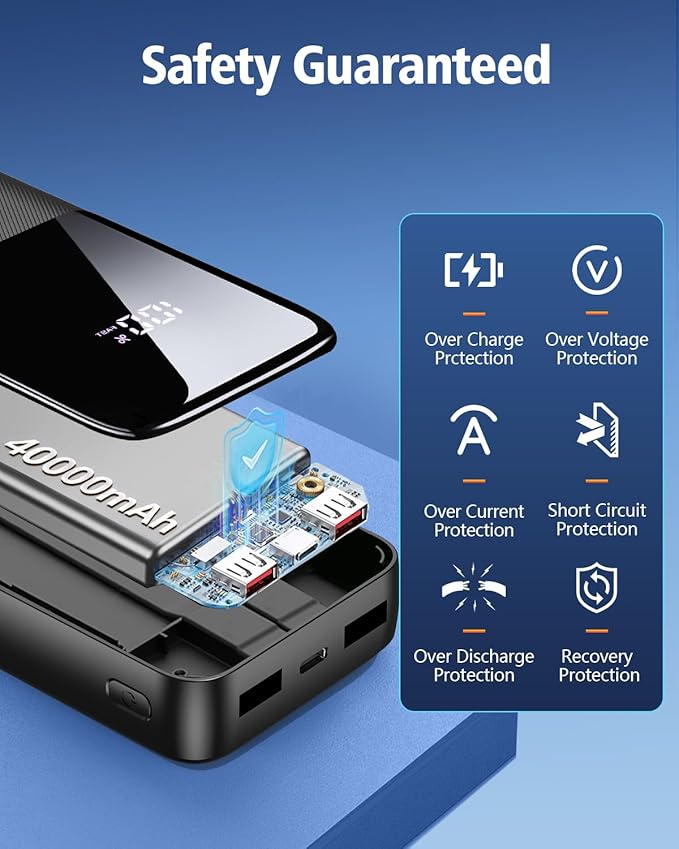 Portable Charger Power Bank - 40000mAh Fast Charging Powerbank Battery Pack with Built in USB-C(22.5W) and iOS(20W) Output Cable，Deep Black