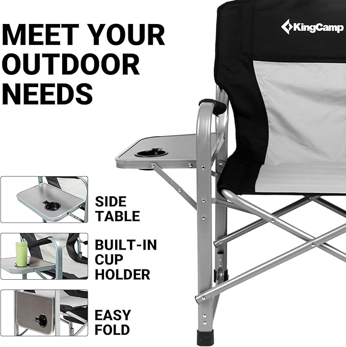 KingCamp XXL Oversized Directors Chair with Side Table, Heavy Duty Camping Chairs 600lbs with Cooler Bag, Portable Folding Camp Chair with Wide Seat for Camping Hiking Fishing Lawn Outdoor and Sports