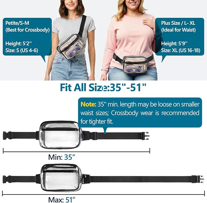 Veckle Clear Fanny Pack Stadium Approved - Plus Size 35-51 Inch Adjustable Strap Transparent Belt Bag for Women Men Fits 7.5" Smartphone, Crossbody Clear Bag for Stadium Events Sports Concerts, Black