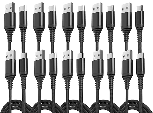 10-Pack USB Type-C Cables [3.3 ft / 1 m | 3A Fast Charge | Braided] – USB-A to USB-C Charger Cords, Compatible with iPhone 17/17 Pro/16e/16/15 Pro Max, Samsung Galaxy S25/S24/S23, Google Pixel 10/9/8