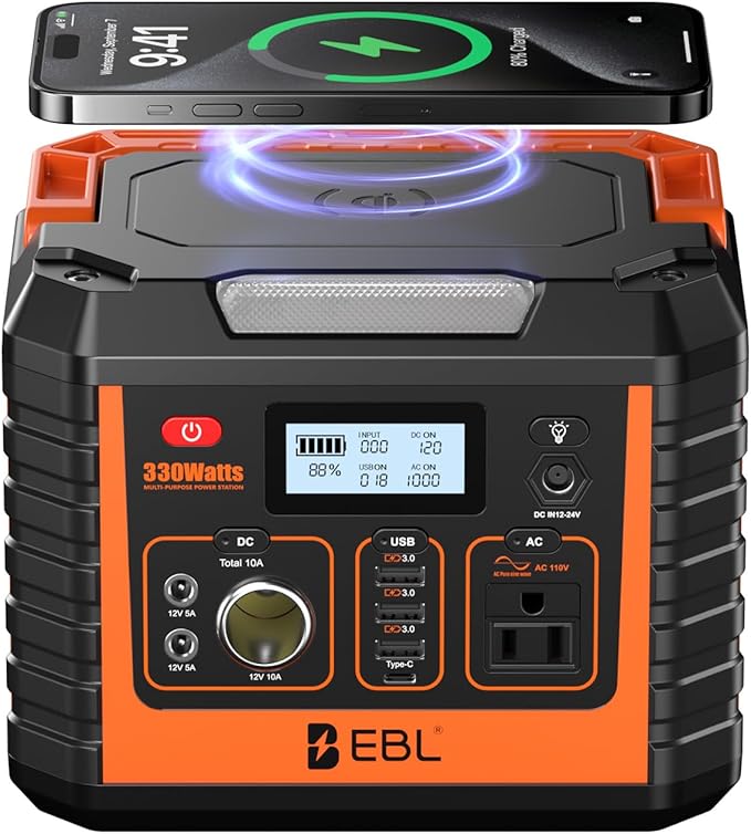 EBL Portable Power Station 300, 110V/330W Pure Sine Wave Solar Generator (Solar Panel Not Included) - Surge 600W Backup Lithium Batteries AC Outlet for Blackout Outdoors Camping Hunting Travel