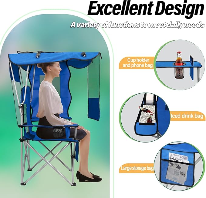 BDL Camping Chair with Canopy Shade Portable Foldable Canopy Chair with Cooler, Mesh Backrest, Cup Holder, and Pocket for Camping, Fishing, Beach, and Sports,Sky-Blue