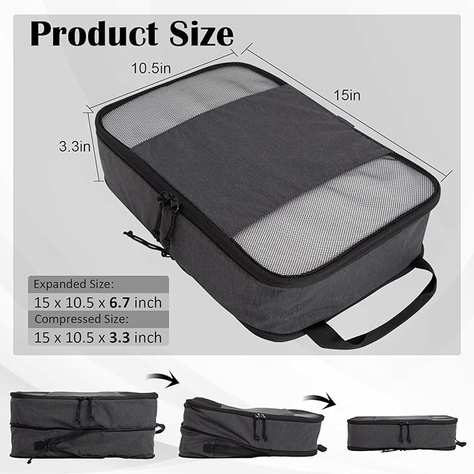 Compression Packing Cubes for Travel Essentials, 2 Set Expandable Compression Bags for Travel Packing Cubes for Suitcase Luggage Organizer Bags, Black Mesh