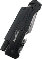 ALBATROSS 6-in-1 Modern Damascus Steel Folding Pocket Knives with LED Light,Seatbelt Cutter,Glass Breaker,Magnesium Fire Starter,Bottle Opener;Multi-Function Emergency Tool(Black-DA)