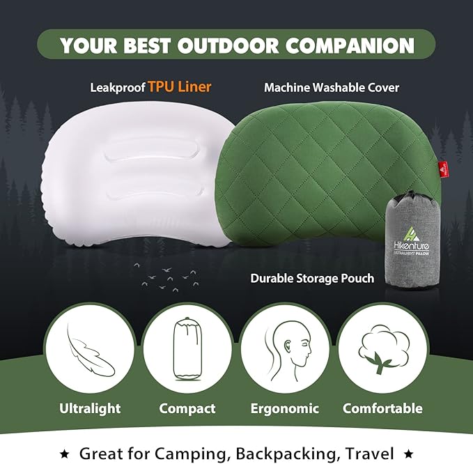 Hikenture Camping Pillow Inflatable, Washable Backpacking Pillow for Sleeping, Ultralight Blow Up Pillows with Removable Cover, Portable&Compact Hiking Pillow for Beach, Travel, Outdoor(Green)