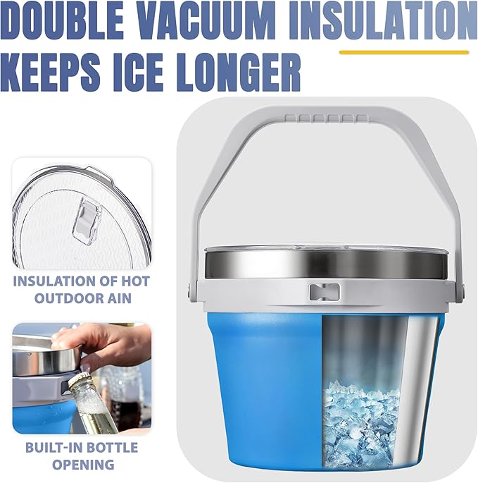 COKTIK 7L Vacuum Insulated Ice Bucket with Lid and Scoop& Tongs，Large capacity Stainless Steel Beverage Bucket for Cocktail, Champagne, Wine, Beer，Large Parties（Blue Suit）