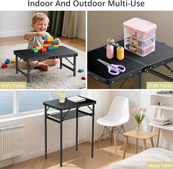 2ft Folding Camping Table with Storage Net, 3 Adjustable Height Max 29.5" Aluminum Small Folding Table, Portable Handle, Lightweight, for Travel Outdoor Beach Picnic Camp, 23.2" x 16", Black