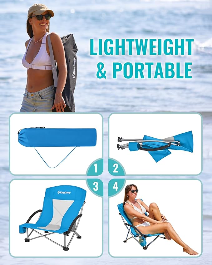 KingCamp Low Beach Chairs, Portable Folding Chair for Adults Extra Wide Ergonomic High Back Seat 300lbs Heavy Duty Lightweight Oversized Gear with Carry Bag for Outdoor Lawn Camping Picnic