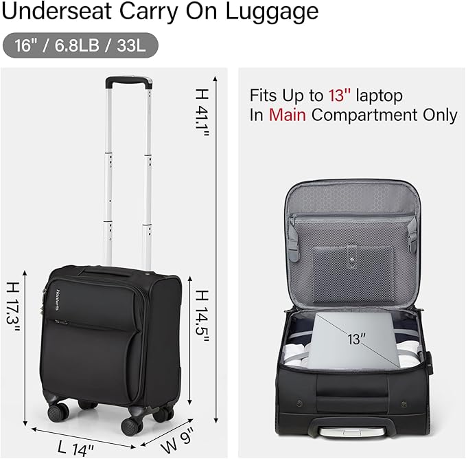 Hanke Underseat Carry On Luggage with Wheels, Spinner Small Suitcase, 16-Inch Rolling Under Seat Luggage, Softside Lightweight Carry On Bag for Airplane TSA Travel Personal Item, Black