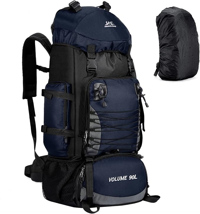 90L Hiking Backpack, Camping Travel Backpack with Rain Cover Lightweight Travel Daypack for Climbing Camping Touring (Blue)