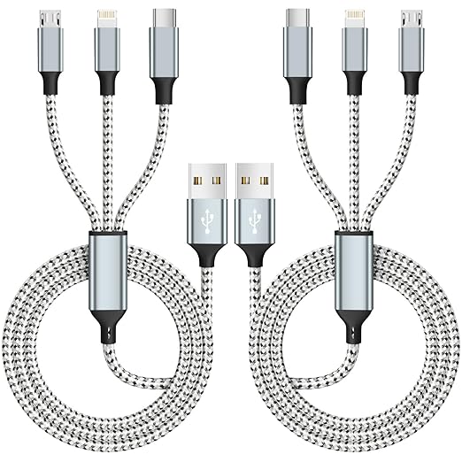 Multi Charging Cable(2Pack 4FT), Multiple Charger Cord Nylon Braided Charger Cord for Multiple Devices, 3 in 1 Charging Cable with Type-C/Micro USB and IP Port, Compatible with Most Phones and More