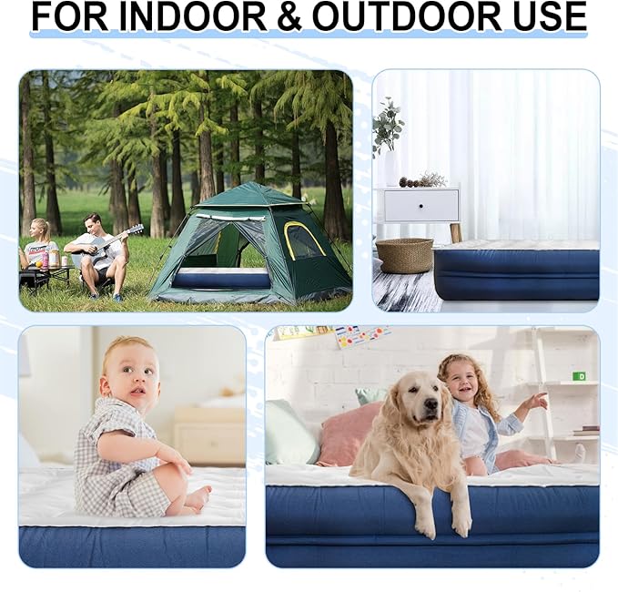 Queen Air Mattress wit with 1300mAh Battery Powered Pump,18"Raised Super soft and comfortable Dutch velvet fabric750lbs Support Portable Inflatable Mattress,Air Bed for Camping, Home and Guest-Blue