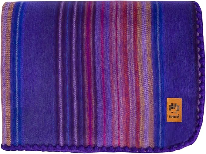 Alpaca Wool Blanket - Queen Size Bed Throw & Warm, Lightweight, Couch or Camp - Outdoor - 87 x 64 Inches (Blue & Purple)