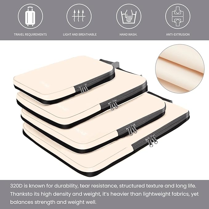 BAGAIL 4 Set/6 Set/8 Set Compression Packing Cubes Travel Accessories Expandable Packing Organizers (Cloth Pattern, 4-Beige)