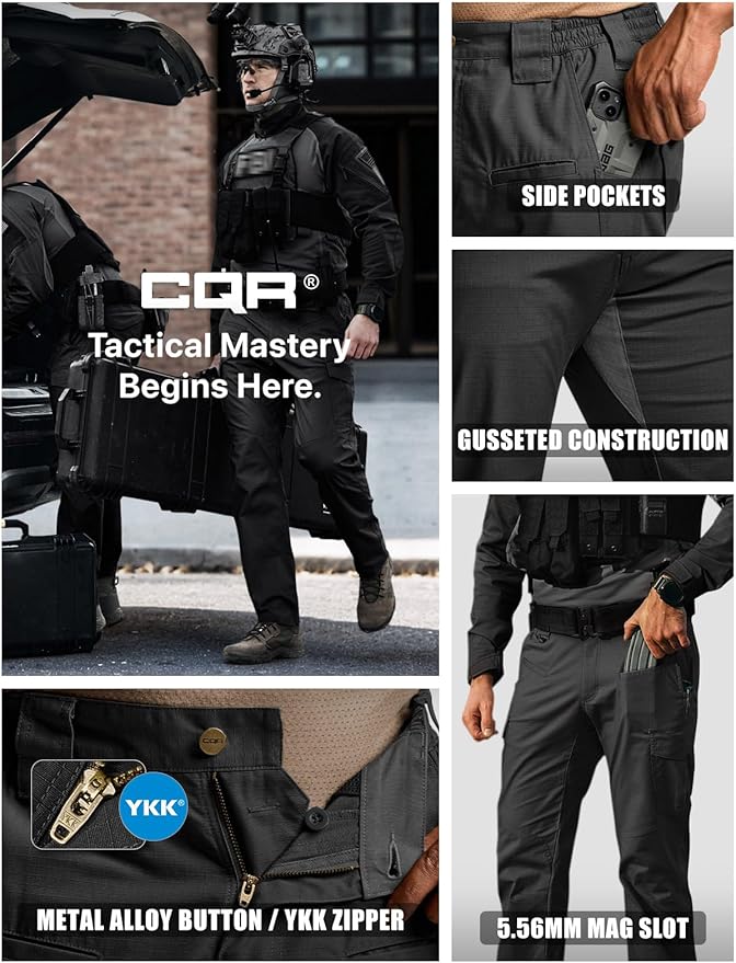 CQR Men's Flex Ripstop Tactical Pants, Water Resistant Stretch Cargo Pants, Lightweight EDC Hiking Work Pants
