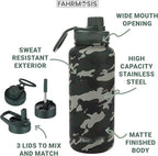 32 Oz Water Bottle with Straw Stainless Steel Sports Water Bottle with 3 Lids (Straw, Chug & Flip Lid) 1 Liter Leak Proof Insulated Metal Jug for Men & Women - Camo
