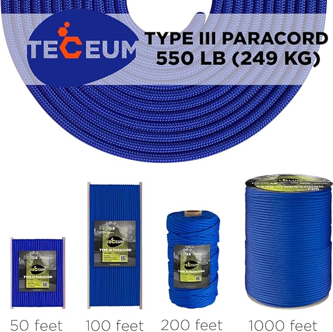 TECEUM 5/32" Paracord Rope 1000 – 1000ft / 200ft / 100ft / 50ft – Tactical Parachute Cord 4mm – 45+ Colors – Nylon String for Survival & Camping Gear – Stripe Cord for Survival – Utility Rope