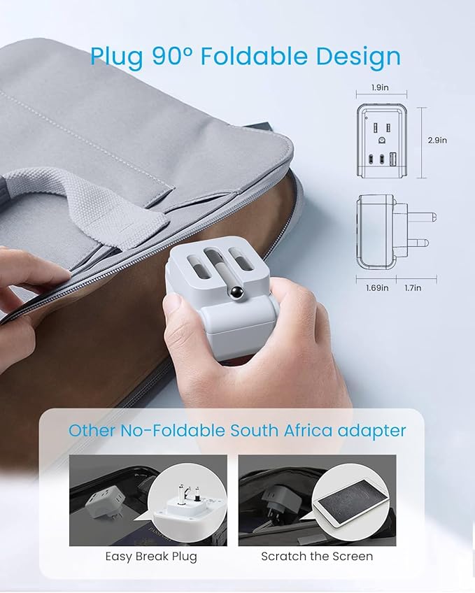 1 Pack South Africa Plug Adapter, VINTAR Foldable Type M Adapter for South Africa with 2 AC Outlets 3 USB Ports(2 USB C), Africa Travel Essentials for US to South Africa Namibia Nepal Malaysi