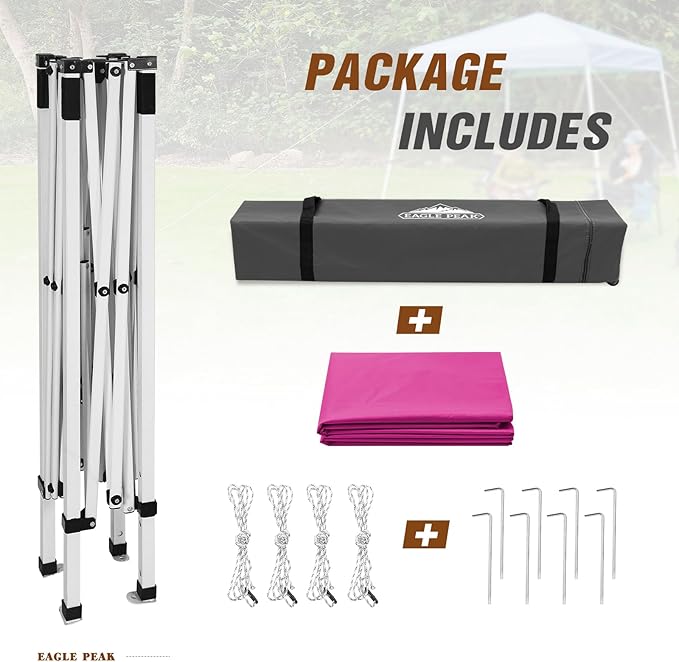 EAGLE PEAK 8x8 Slant Leg Pop-up Canopy Tent Easy One Person Setup Instant Outdoor Beach Canopy Folding Portable Sports Shelter 8x8 Base 6x6 Top (Pink)