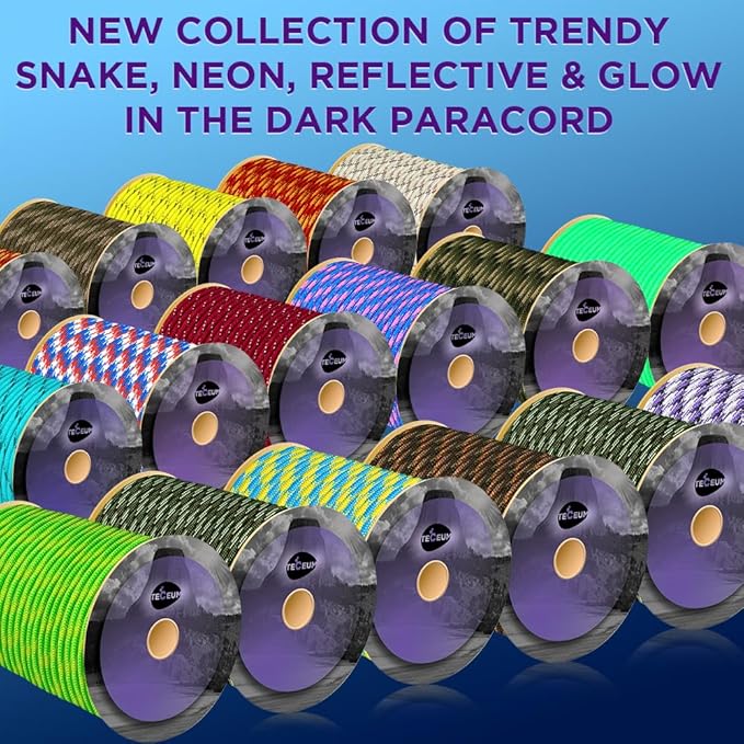 TECEUM 5/32" Paracord Rope 1000 – 1000ft / 200ft / 100ft / 50ft – Tactical Parachute Cord 4mm – 45+ Colors – Nylon String for Survival & Camping Gear – Stripe Cord for Survival – Utility Rope