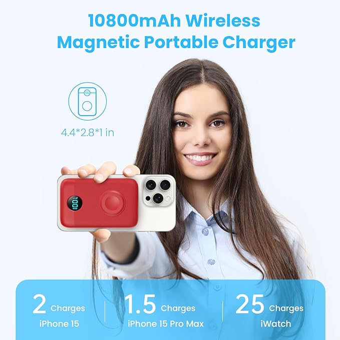 Magnetic Portable Charger 10800mAh,4-in-1 Wireless Power Bank with iWatch Charger, QC4.0+20W PD Fast Charging USB C Battery Pack with LCD Display for Magsafe,iPhone 16/15/14/13/12,Apple Watch, Red