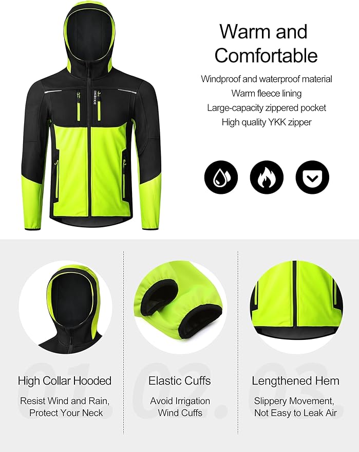 INBIKE Hooded Cycling Bike Jacket Men Running Biking Windbreaker Reflective Windproof Thermal Fleece Lined Bicycle Coat