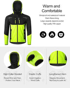 INBIKE Hooded Cycling Bike Jacket Men Running Biking Windbreaker Reflective Windproof Thermal Fleece Lined Bicycle Coat