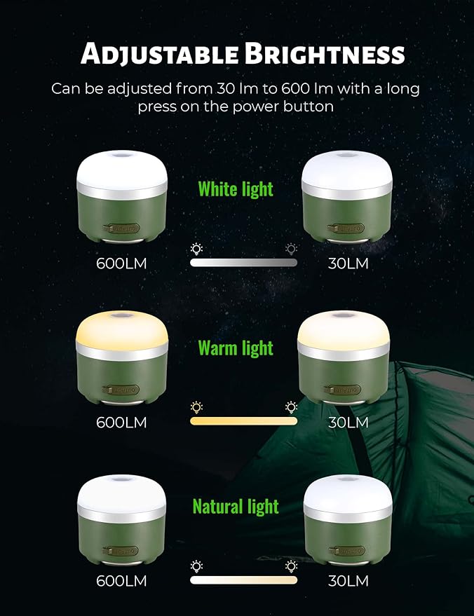 Camping Lantern Rechargeable, 600LM Led Camping Light, 5 Light Modes Waterproof Portable Light with Magnetic Base for Power Outages, Hurricane Emergency, Outdoor, Hiking, Home and Car (Green)