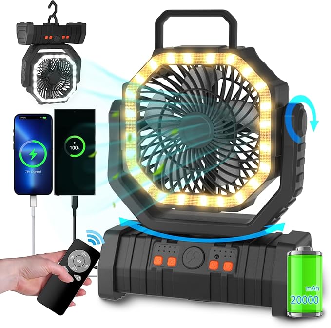ADUST Portable Camping Fan Battery Powered Operated with LED Light 20000mAh Rechargeable Oscillating Fan with 360° Rotation Hanging Hook for Tents, USB Desk Fan for Bedroom, Office (Black)