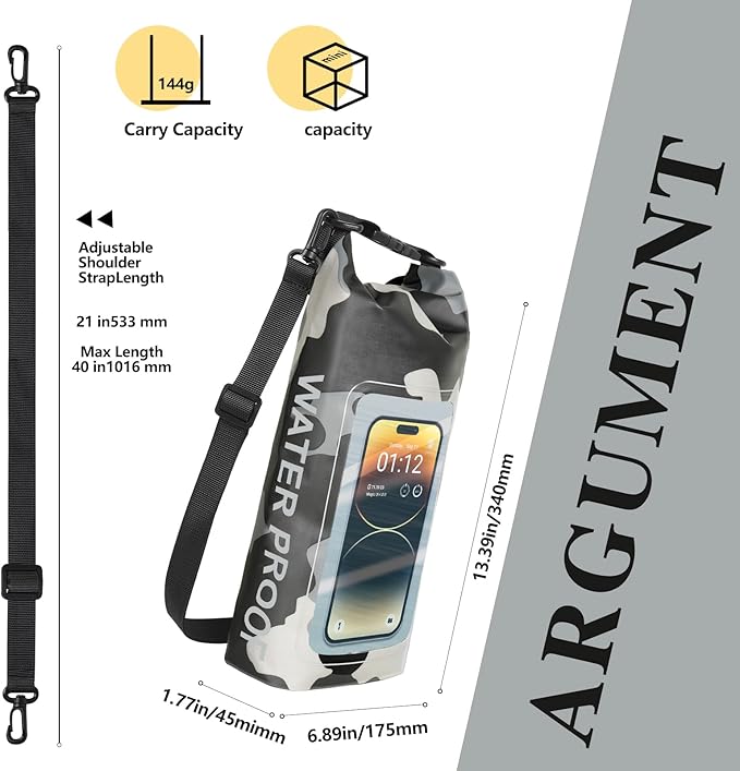 IP68 Waterproof Dry Bag, 2L - Roll Top Waterproof Pool Bag，Dry Bags for Kayaking Waterproof-w/Phone Pouch,Large Waterproof Phone Pouch,Boating & Kayak Accessories Camping (Gray 2L)