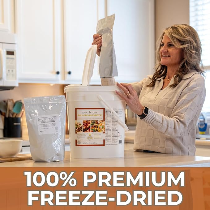 Nutristore Emergency Buckets | Premium Freeze-Dried Meats | 25-Year Shelf Life | Made in USA | Emergency Survival Food Supply | 60 Large Servings