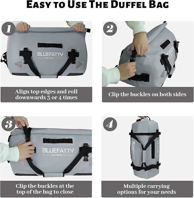 Waterproof Motorcycle Duffel Bag Roll Top Dry Duffel Bag with Quick-fixed Straps for Rafting, Boating, Kayaking, Travel, 50L(Grey)