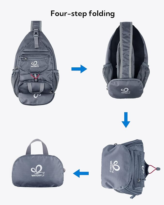 WATERFLY Packable Small Crossbody Sling Backpack Shoulder Chest Bag Daypack for Hiking Traveling Grey