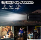 Solar Charger Power Bank, 20000mAh Portable Outdoor Waterproof Solar Battery Charger, Camping External Backup Battery Pack USB C Ports Input/Output, 2 Led Light Flashlight with Compass (Black)