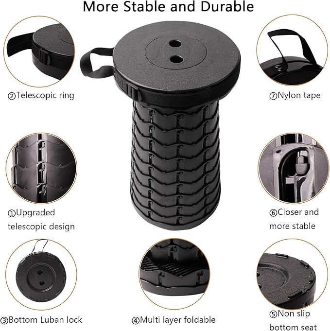 ALEVMOOM Upgraded Collapsible Stool with Cushion & Carry Bag, 500lbs Max Weight Portable Telescoping Stool, More Sturdy Lightweight Retractable Seat Folding Chair for Camping & Outdoors