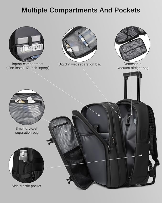 Vacuum Rolling Backpack with Vacuum System, Built-in Pump and Charging Port, Carry On Luggage with Vacuum Seal Bag, Wheels, Travel Suitcase with Vacuum Compression Bag for 17" Laptop