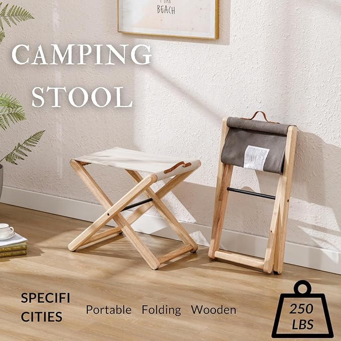 Folding Canvas Camp Stools Set of 4, Wood Folding Camping Stool Patio Portable Foot Stool for Garden Outdoor Fishing Picnic Travel BBQ, Grey