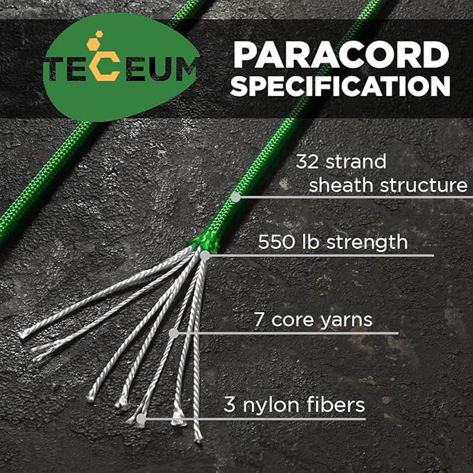 TECEUM 5/32" Paracord Rope 1000 – 1000ft / 200ft / 100ft / 50ft – Tactical Parachute Cord 4mm – 45+ Colors – Nylon String for Survival & Camping Gear – Stripe Cord for Survival – Utility Rope